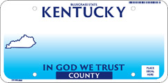 Kentucky also issues standard motorcycle license plates with a white background, "KENTUCKY" screened in large fonts on top, and "MOTORCYCLE" screened in smaller fonts on the bottom. Both words are printed in black color. Also, the state issues a standard license plate for farmers producing crops, livestock, or dairy products. The license plate has a predominantly white color. However, it contains the text "KENTUCKY" screened in blue and "FARM" inscribed in yellow, outlined in blue. It also includes logos of the Kentucky Proud program and the FFA and 4-H organizations.